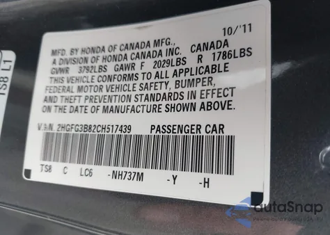 2012 Honda Civic Ex z USA, uszkodzony, nr VIN 2HGFG3B82CH517439